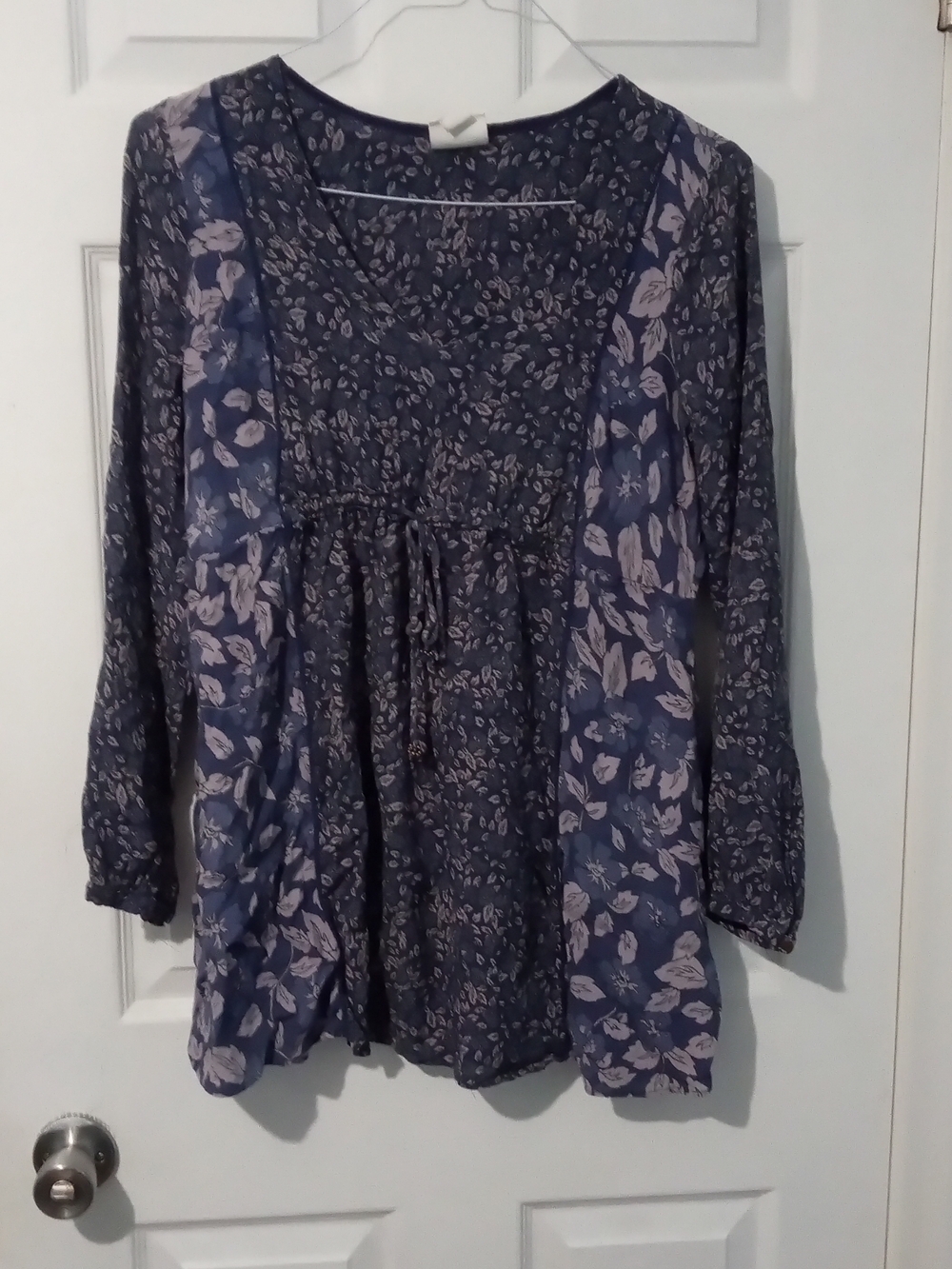 Navy Floral Peasant Blouse with Drawstring Waist